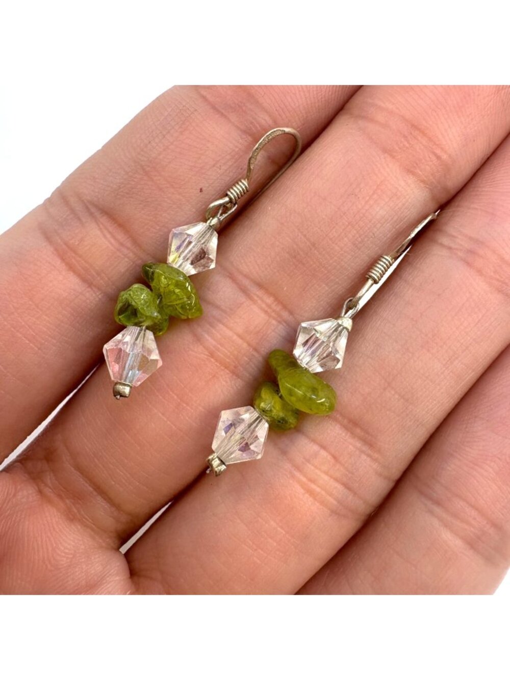 Natural Peridot & Cut Crystal Dangle Earrings 925 Sterling Silver 1.5" Length